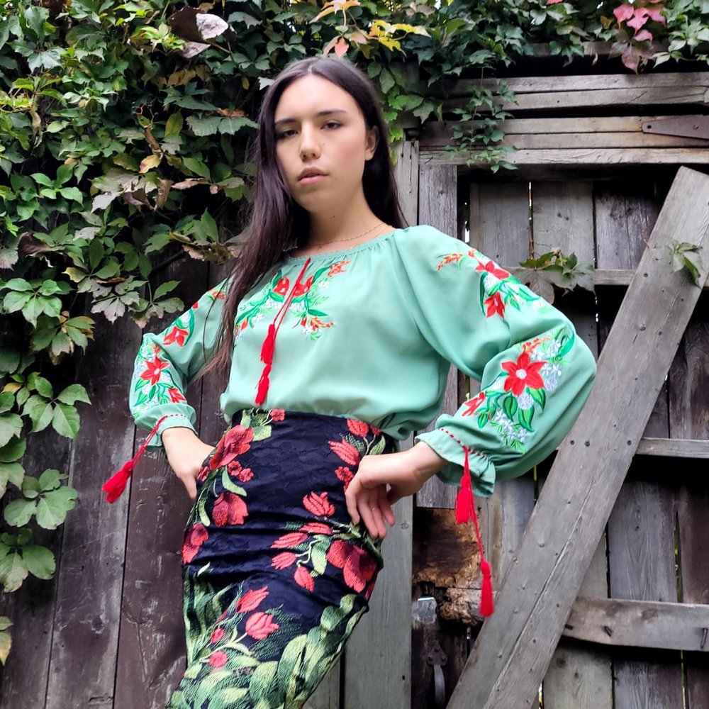 Green and Red Floral Top From Ukraine